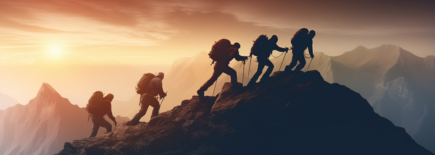 Group of people on peak mountain climbing helping team work